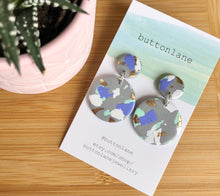 Load image into Gallery viewer, Purple, Mint Green, White and Gold Terrazzo on shimmering grey