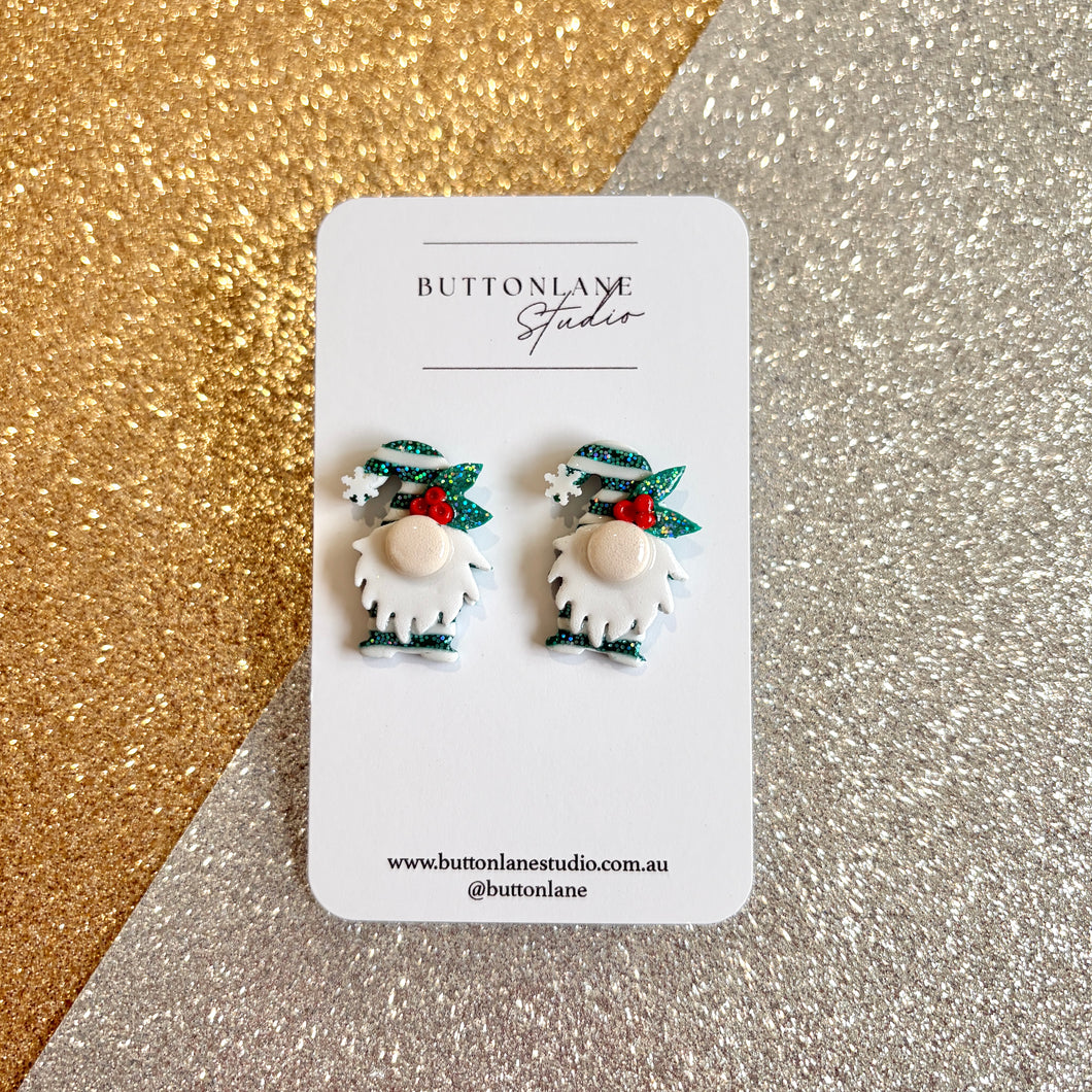 Christmas green glitter gnomes stud