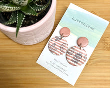 Load image into Gallery viewer, Dusty Pink and White with Grey Succulent Pattern circle Dangles
